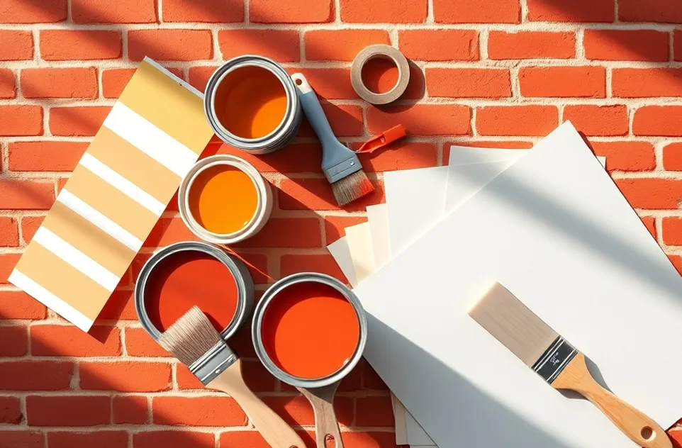 Pots de peinture, nuancier, brosses et rouleaux disposés à plat