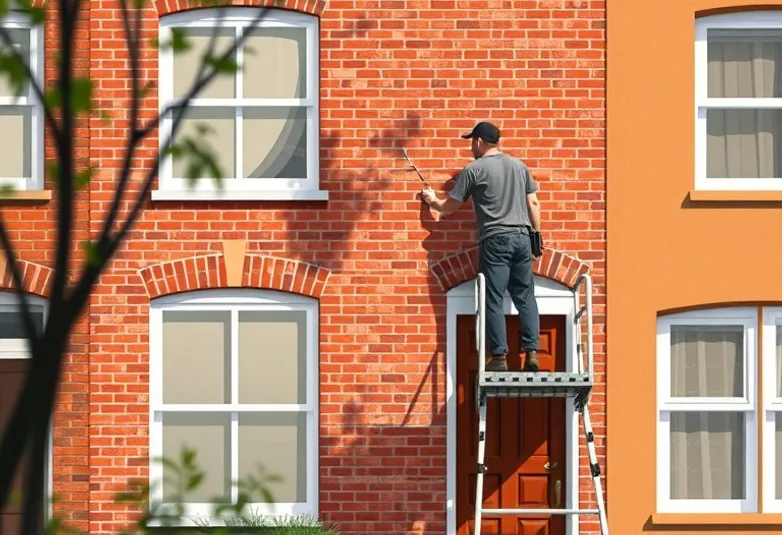 Peintre sur échafaudage traitant la façade d'une maison