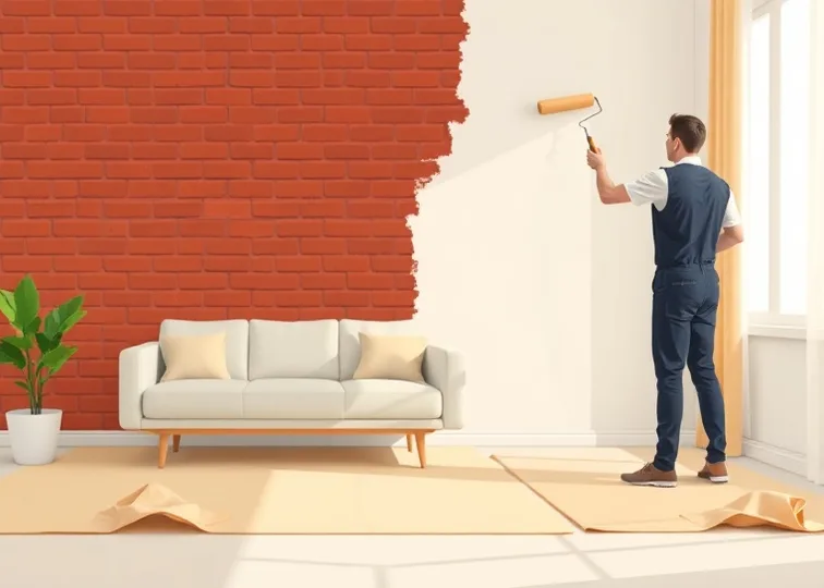 Peintre appliquant la peinture au rouleau sur un mur de salon